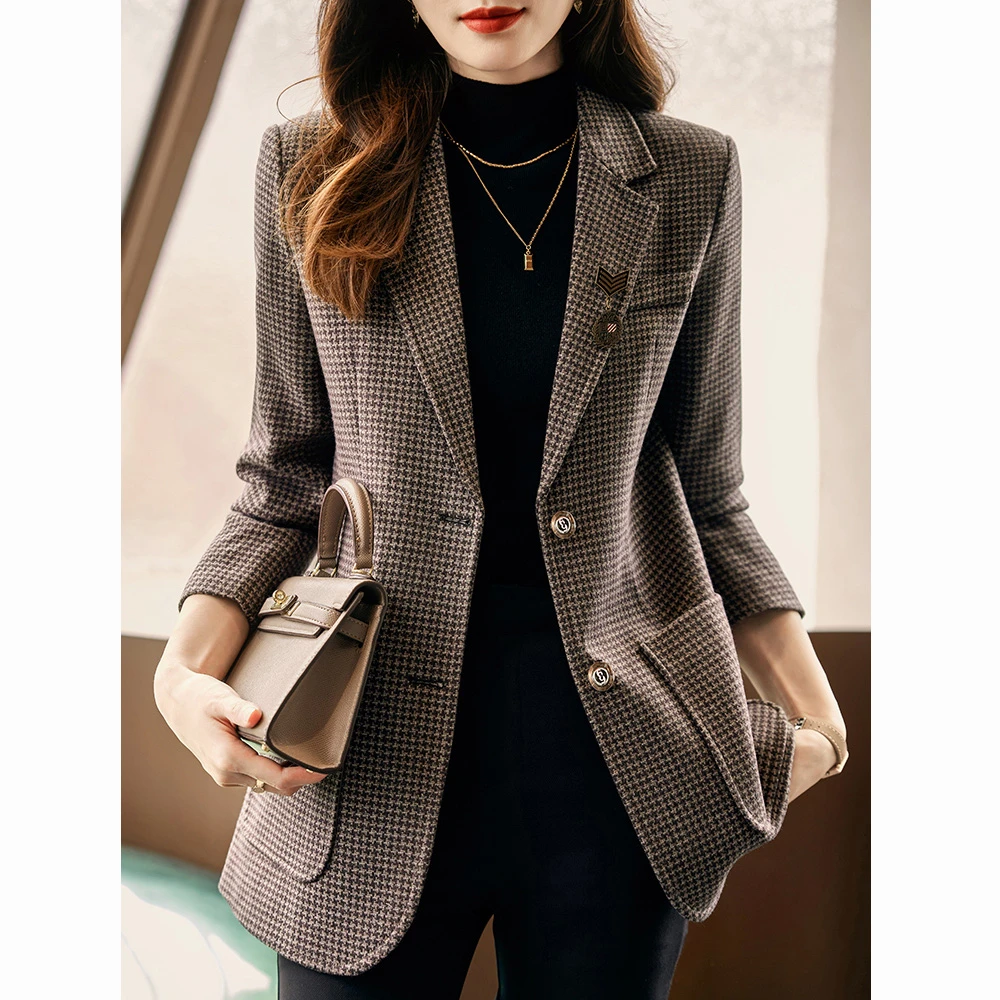 千鸟格小西装外套女2025春秋新款高级感厚款休闲女士西服毛呢上衣