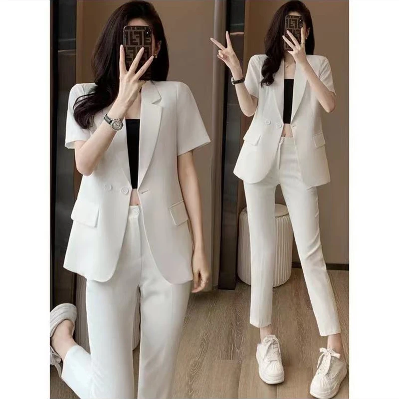 薄款白色西装套装女夏季时间新款气质小个子职业女神范西服两件套
