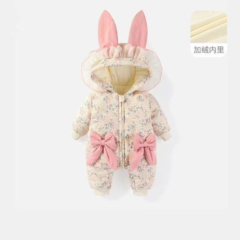 女宝宝甜美洋气蝴蝶结棉服冬季棉袄哈衣婴儿外出服可爱粉色爬爬服