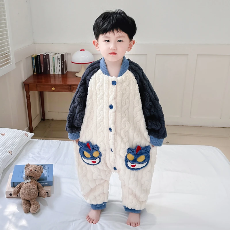 儿童连体睡衣秋冬季珊瑚绒双层加厚宝宝睡袋防踢男童平替好物爬服