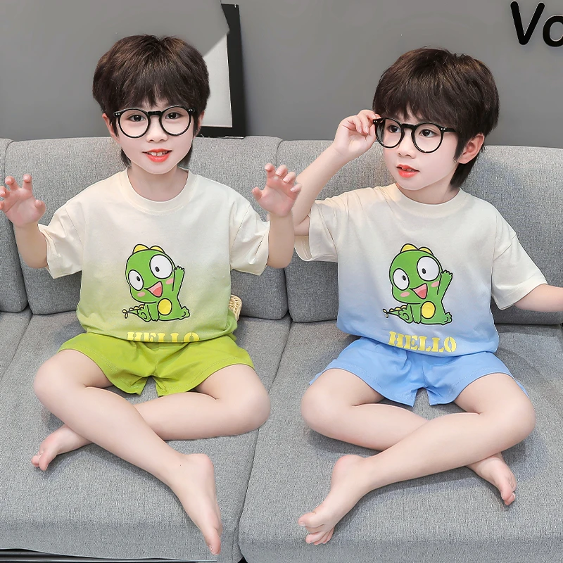 儿童夏季超薄莫代尔分体卡通睡衣3男孩恐龙家居服1-6岁短袖空调服