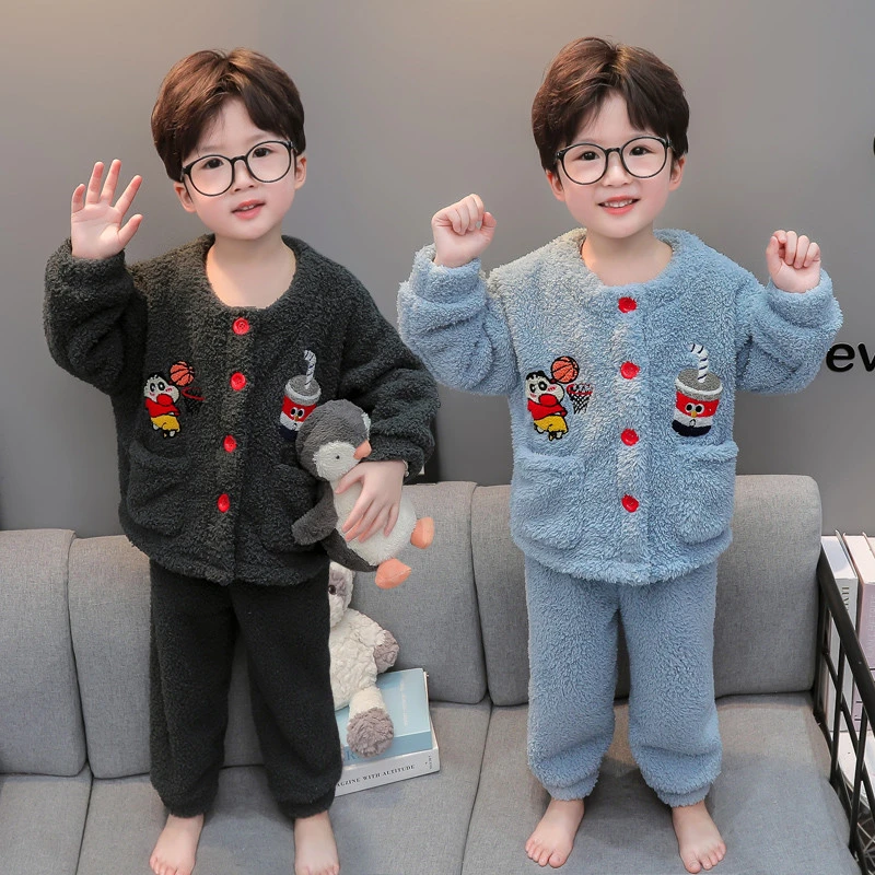 儿童珊瑚绒睡衣加厚款男童法兰绒开衫家居服冬季小孩宝宝保暖套装