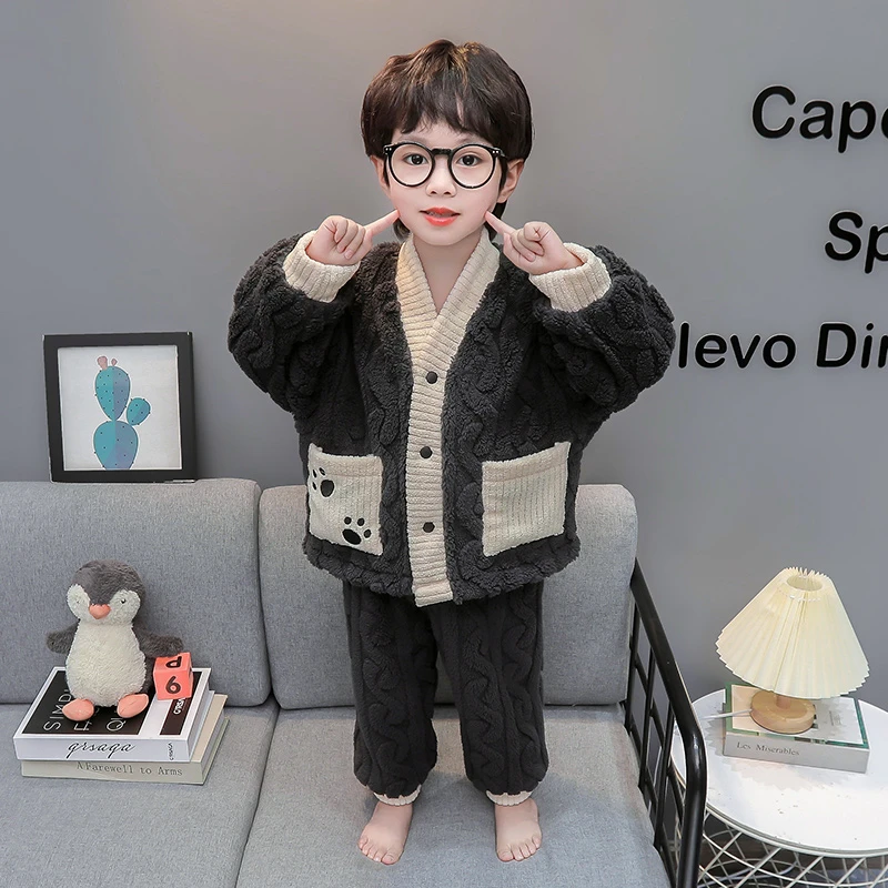 男童睡衣秋冬季法兰绒加厚珊瑚绒小童保暖儿童家居服套装宝宝男孩