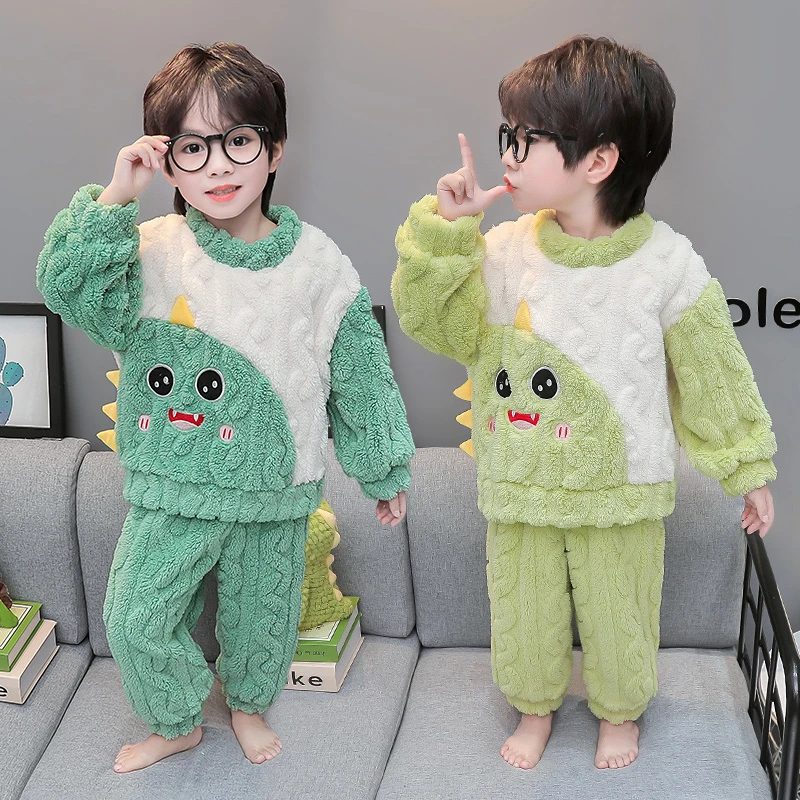 儿童睡衣男童秋冬款法兰绒加厚卡通恐龙套装男宝冬季珊瑚绒家居服