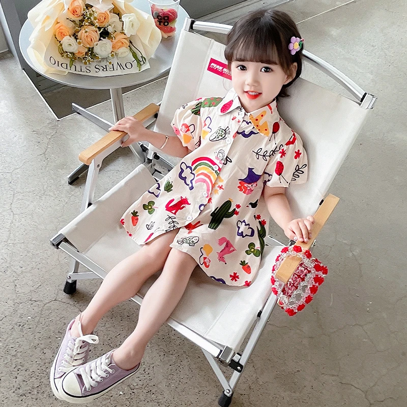 女童夏装洋气韩版印花衬衫裙儿童薄款公主短袖连衣裙法式尤莱特