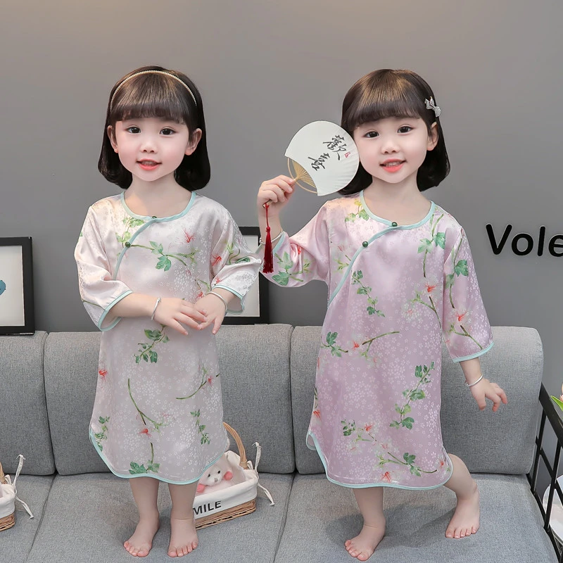 女童睡裙夏季薄款冰丝女宝宝中国风睡衣儿童夏天七分袖绵绸空调服