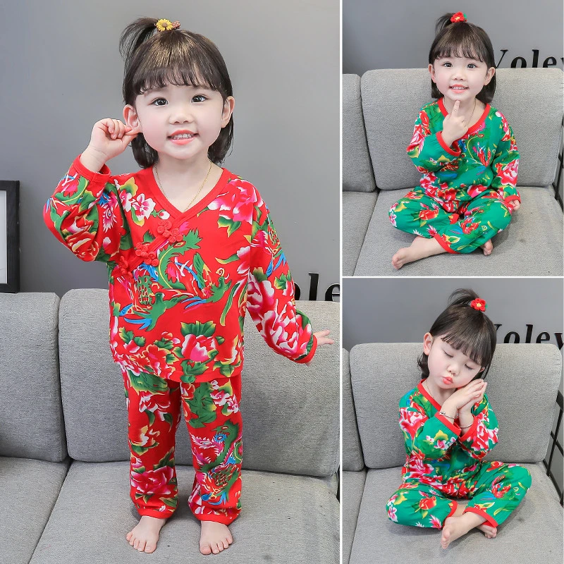 薄款东北大花长袖宝宝春秋冬1-6岁女童宝宝中国风睡衣冬季家居服3