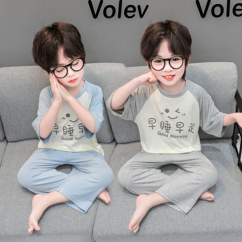 男童夏季卡通短袖分体家居服睡衣3儿童七分袖1-6岁早睡早起空调服