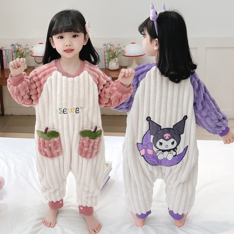 儿童秋冬连体睡衣女孩法兰绒冬季女童家居服加厚珊瑚绒防踢被睡袋