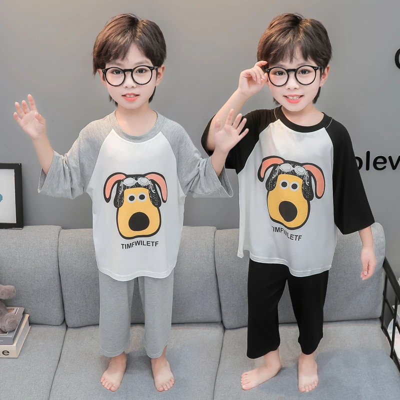 男童薄款莫代尔夏季睡衣宝宝小狗家居服套装夏款短袖儿童空调服潮