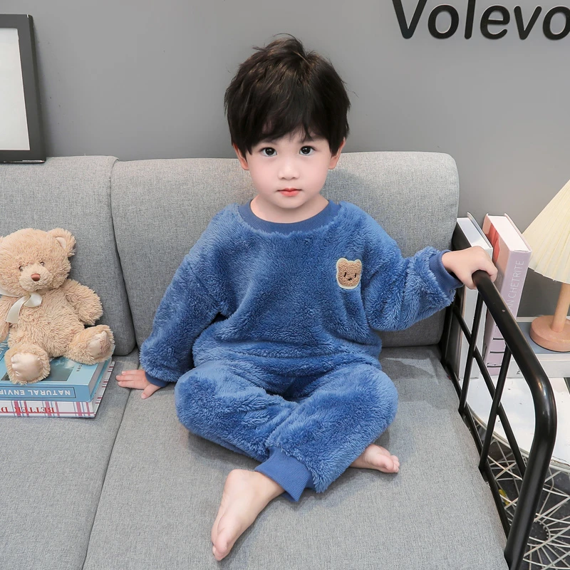 男童珊瑚绒秋冬款睡衣男孩男宝宝加绒法兰绒冬季儿童家居服套装
