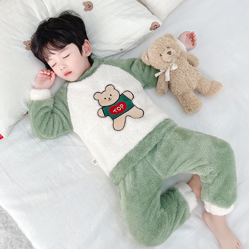 儿童珊瑚绒睡衣秋冬季男童加厚宝宝冬款小孩法兰绒家居服保暖套装