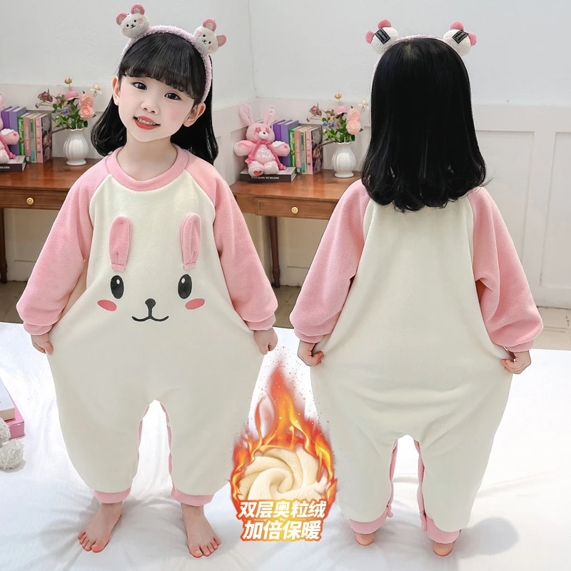 女童秋冬季奥粒绒连体睡衣2025新款女宝宝双层加厚卡通休闲家居服