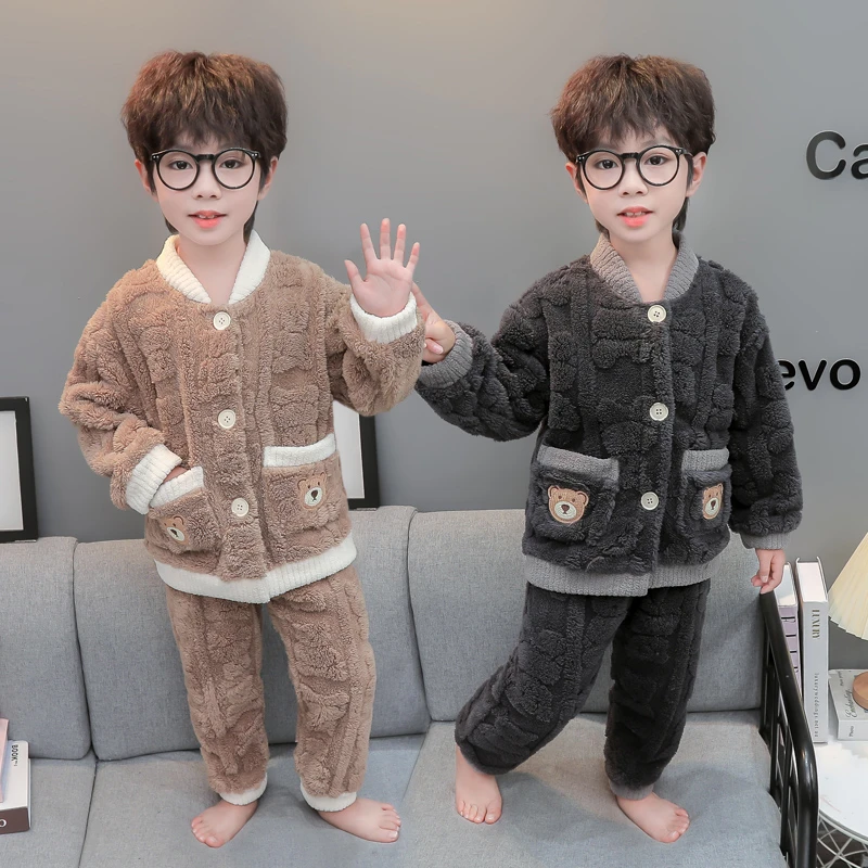 男童珊瑚绒加绒加厚睡衣秋冬季男孩宝宝家居服法兰绒保暖儿童套装