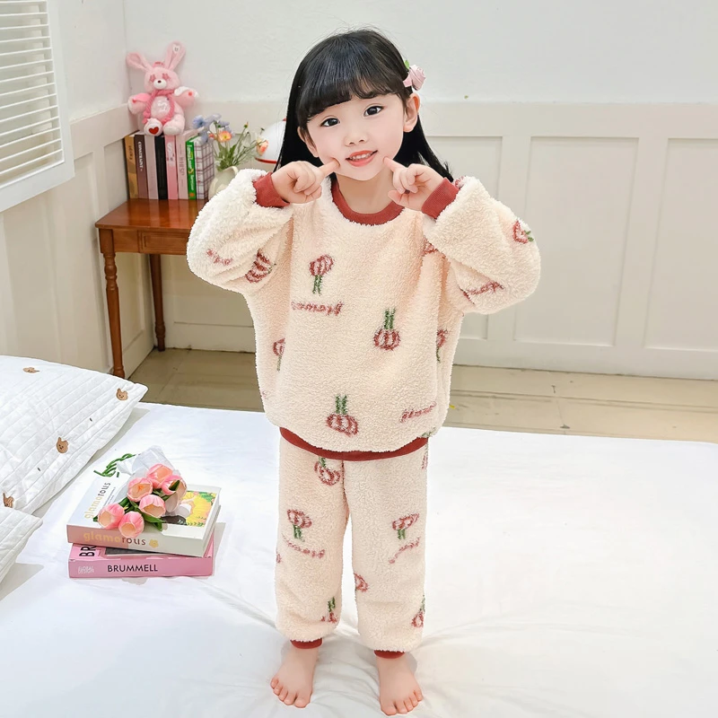 女童法兰绒睡衣秋冬加厚女孩宝宝保暖冬季女套头儿童珊瑚绒家居服