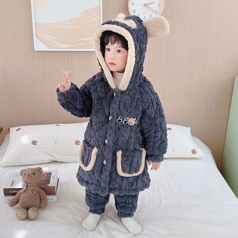 男童冬季三层夹棉睡衣加绒加厚男孩冬款保暖套装儿童珊瑚绒家居服