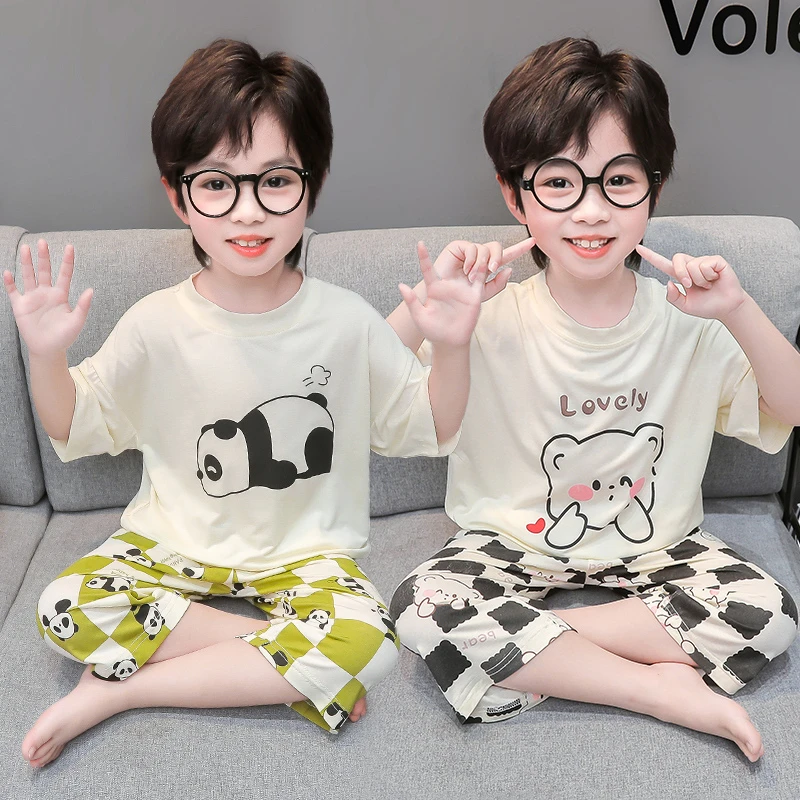 儿童莫代尔睡衣七分套装2024新款春夏季男童宝宝薄款空调服家居服