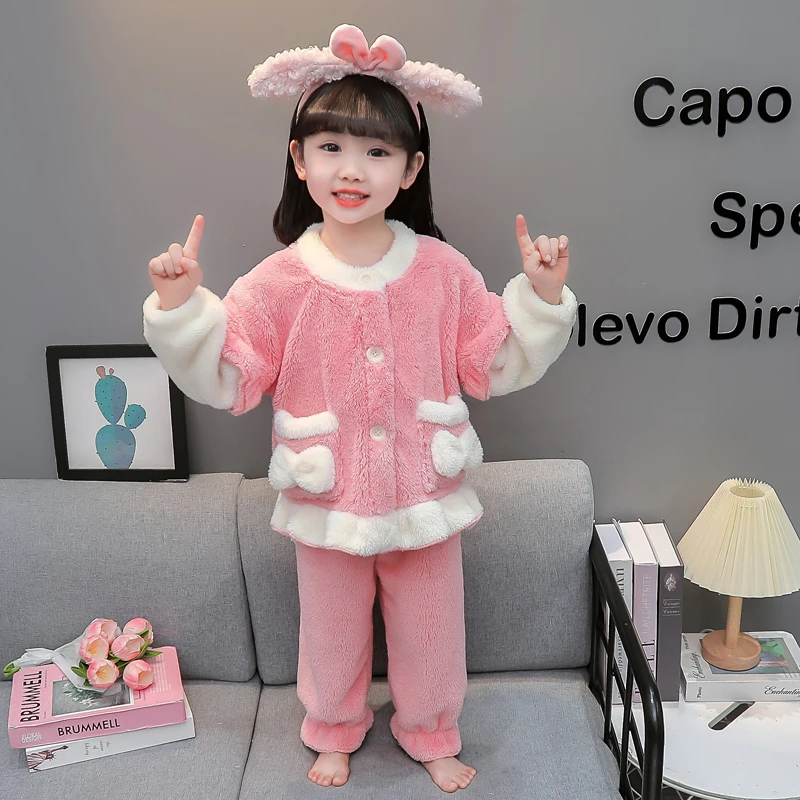 女童睡衣秋冬季法兰绒冬款女孩宝宝小童加厚珊瑚绒儿童加绒家居服