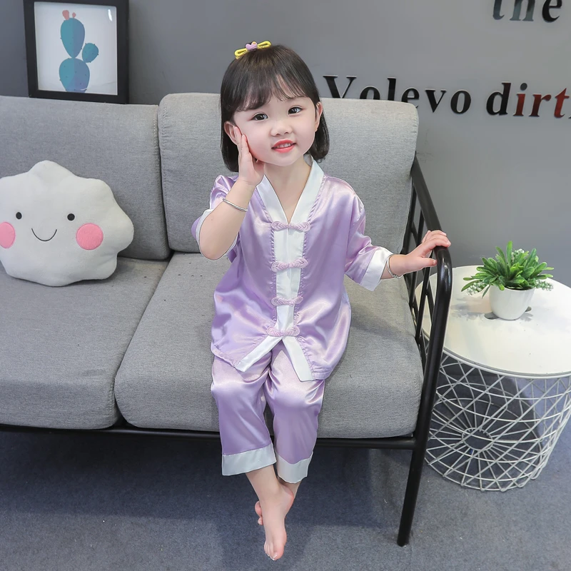 女小童睡衣夏季冰丝套装宝宝女孩公主七分袖复古风可爱居家空调服