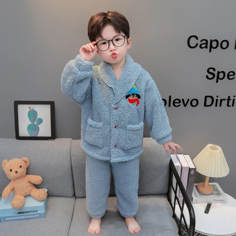 男童睡衣珊瑚绒秋冬款加厚男孩宝宝法兰绒翻领套装冬季儿童家居服
