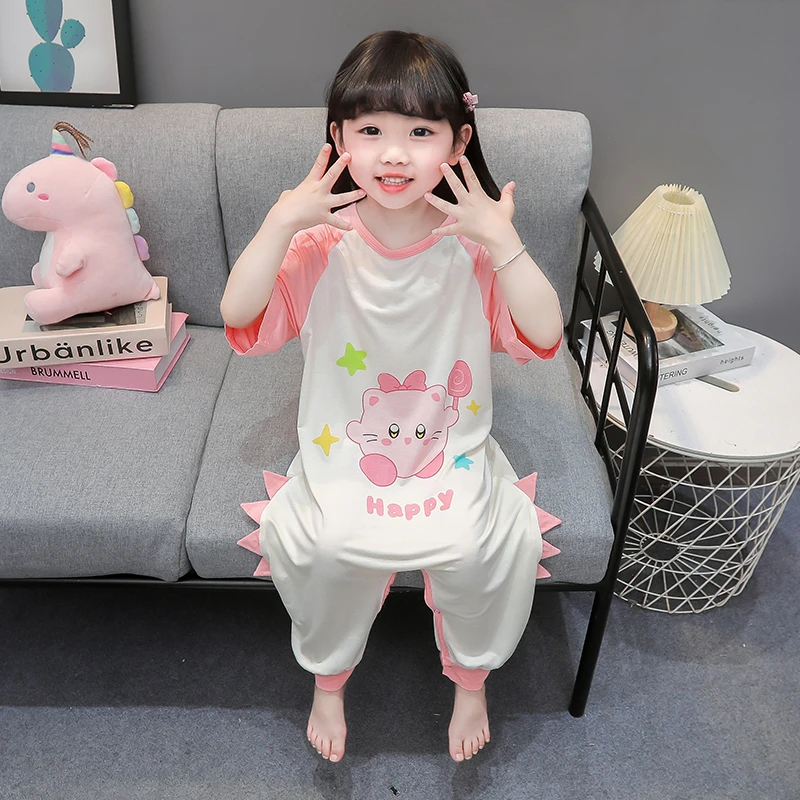 女童宝宝夏季卡通莫代尔连体睡衣2024新款儿童防着凉女宝宝家居服