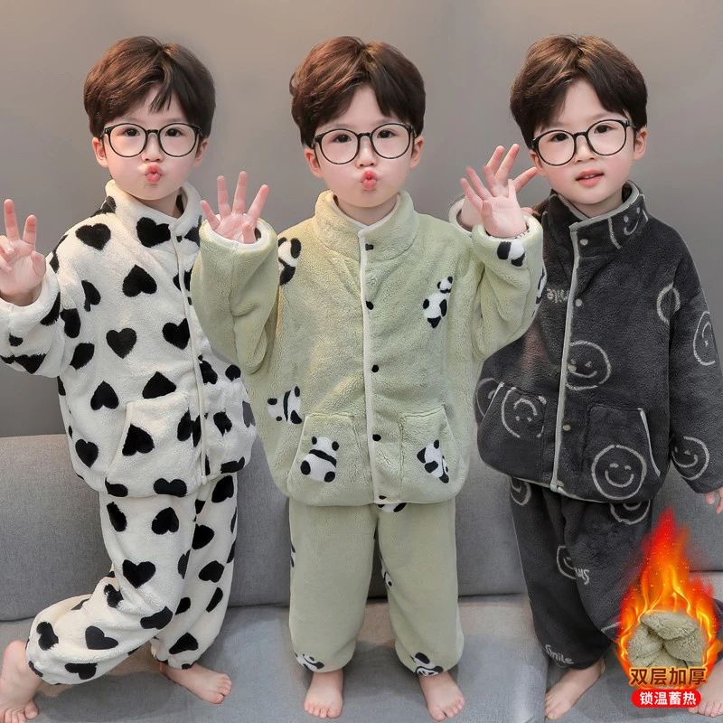 男童睡衣珊瑚绒秋冬款双层加绒加厚男孩宝宝法兰绒套装儿童家居服