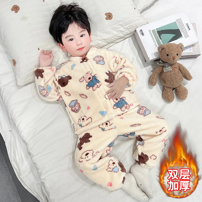 男童秋冬季款法兰绒双层加厚睡衣套装男孩儿童珊瑚绒保暖家居服