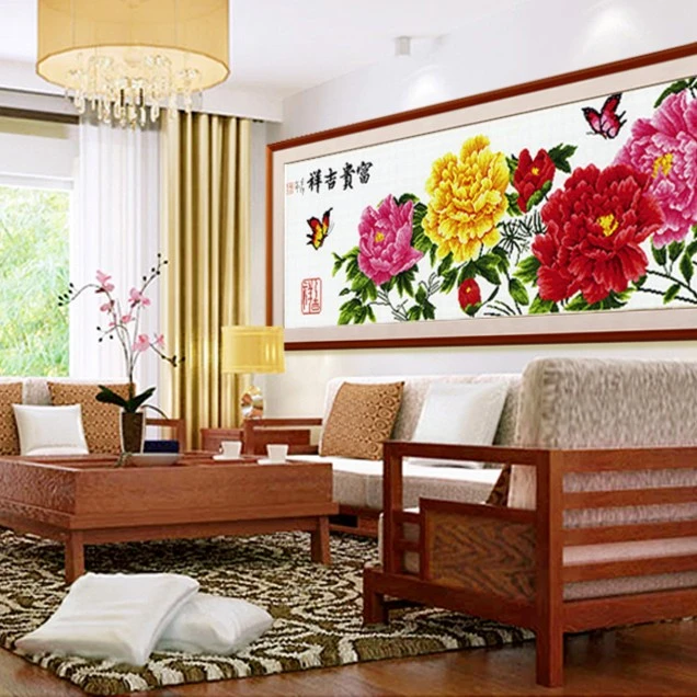 K100富贵吉祥家和版十字绣套件电子图纸牡丹花开客厅风景挂画绣线