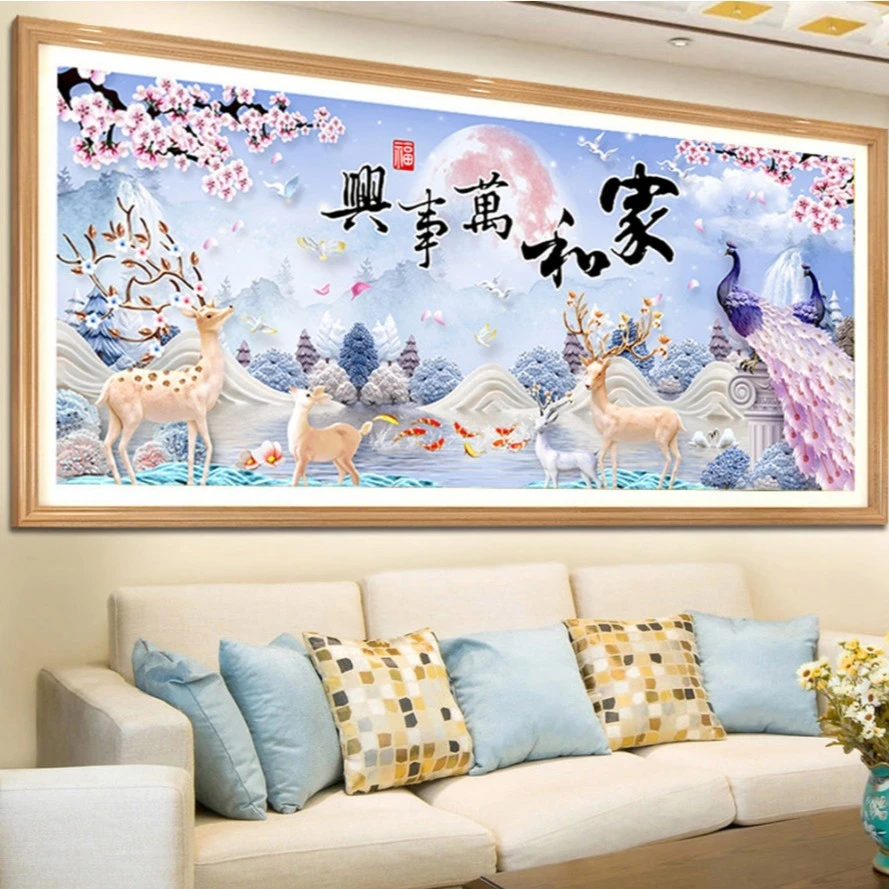K100新款十字绣成品家和万事兴麋鹿孔雀福发财鹿客厅装饰画