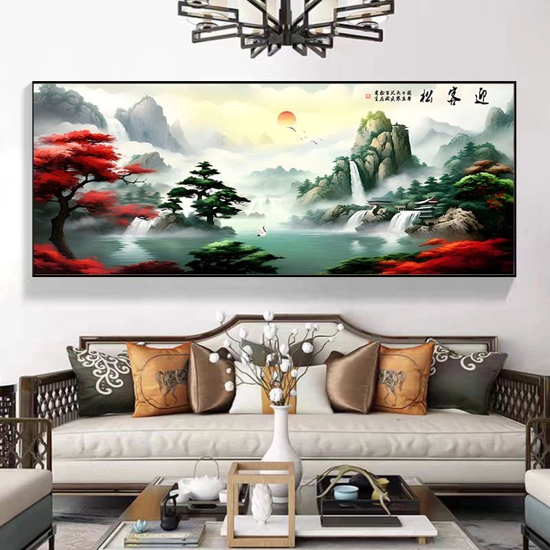 迎客松十字绣2024新款客厅风景画山水画印花十字绣中国风50色满绣