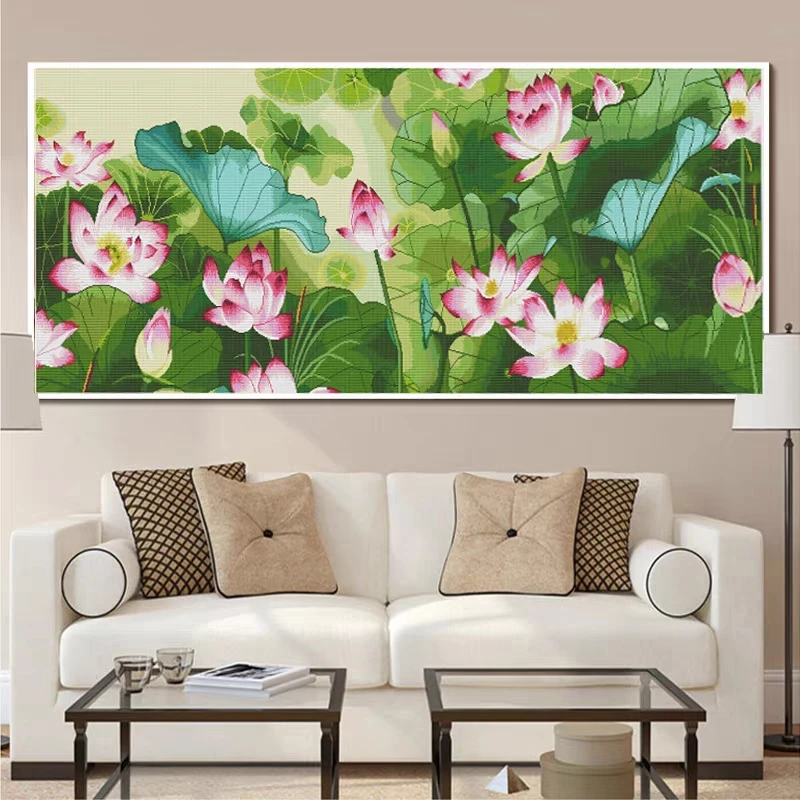 k100红荷映日十字绣荷花客厅大幅大气手工刺绣自己绣大格满绣2023