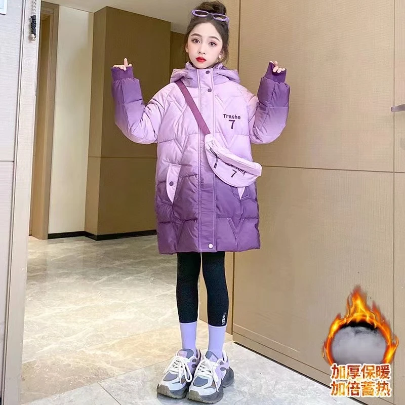 女童秋冬加绒棉袄2024新款洋气韩版儿童中长款【渐变带包包-7】
