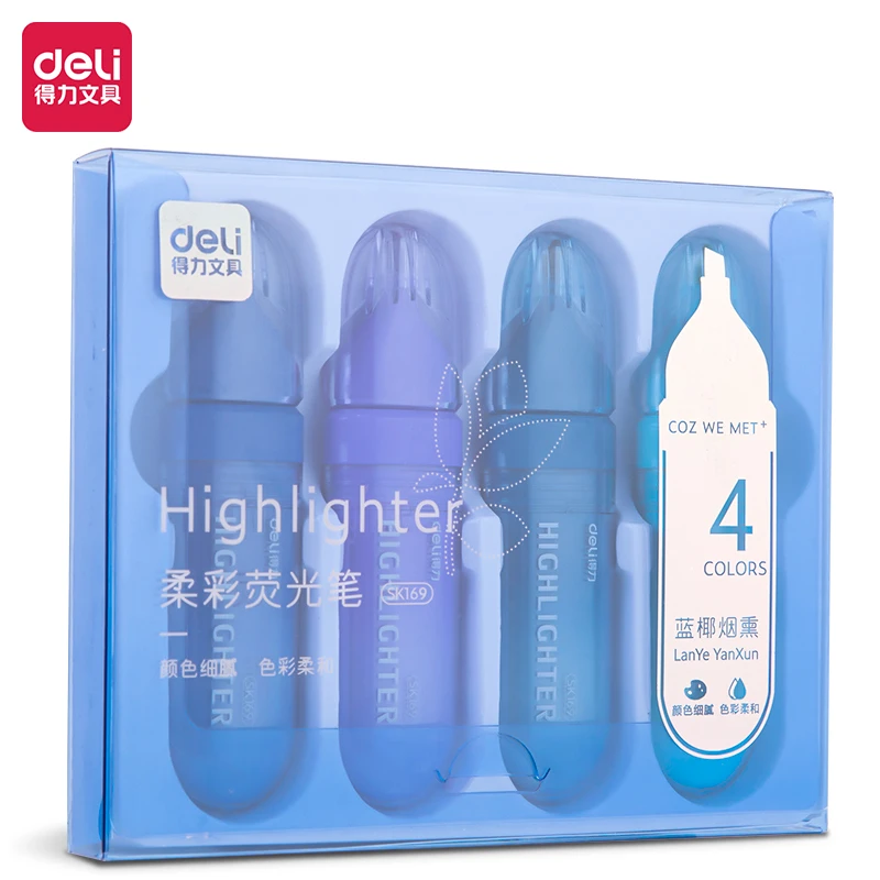 得力SK169柔彩荧光笔蓝椰烟熏色系 标记笔学生办公{直播专享}