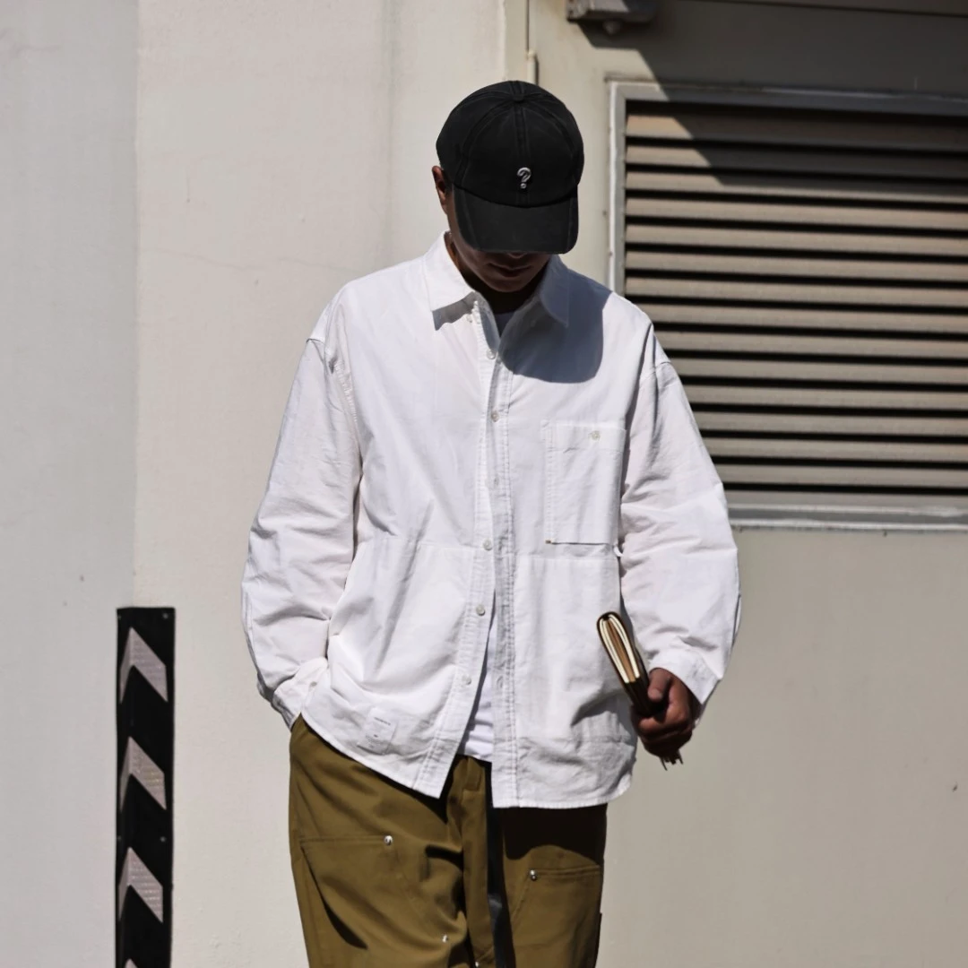 日系复古白色衬衫男长袖新款工装落肩宽松休闲衬衣春季少年感外套