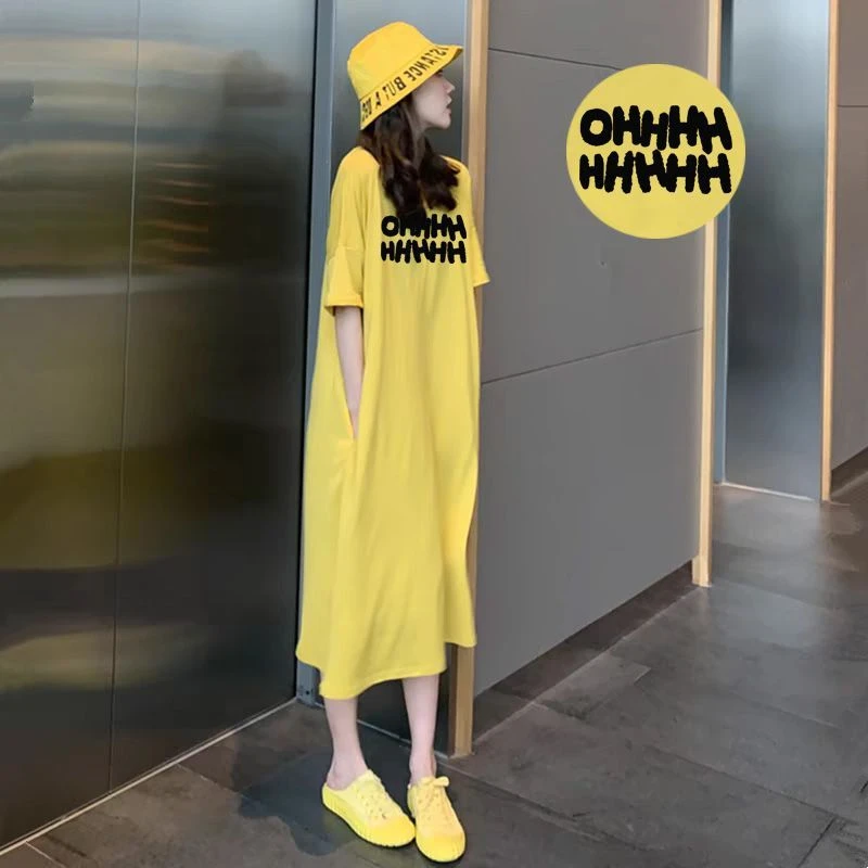 双口袋连衣裙夏长款过膝韩版夏天宽松学生字母短袖裙子女2025新款