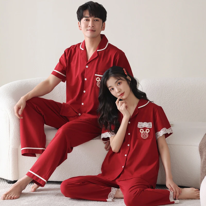 莱卡棉结婚新婚情侣睡衣女夏季纯棉短袖长裤红色本命年男士家居服