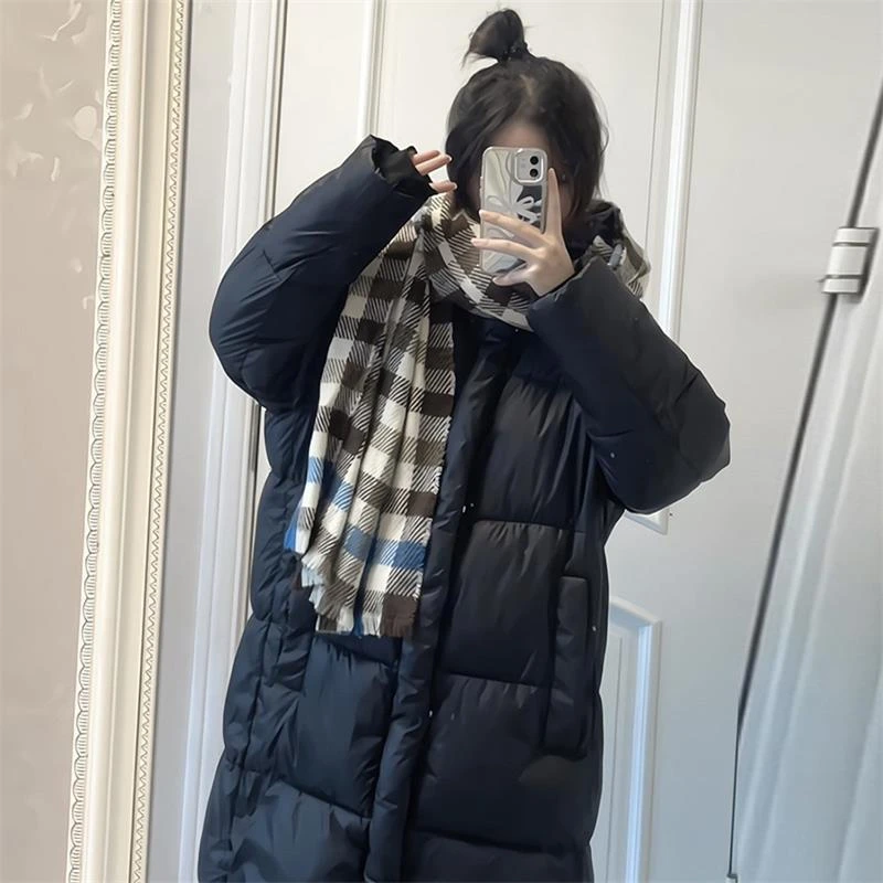 棉服女2024新款冬学院风三条杠棉袄外套长款过膝学生棉衣外套