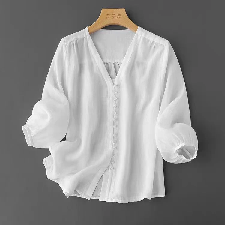天然小空调~V领七分袖法式衬衫上衣女夏新款休闲春夏