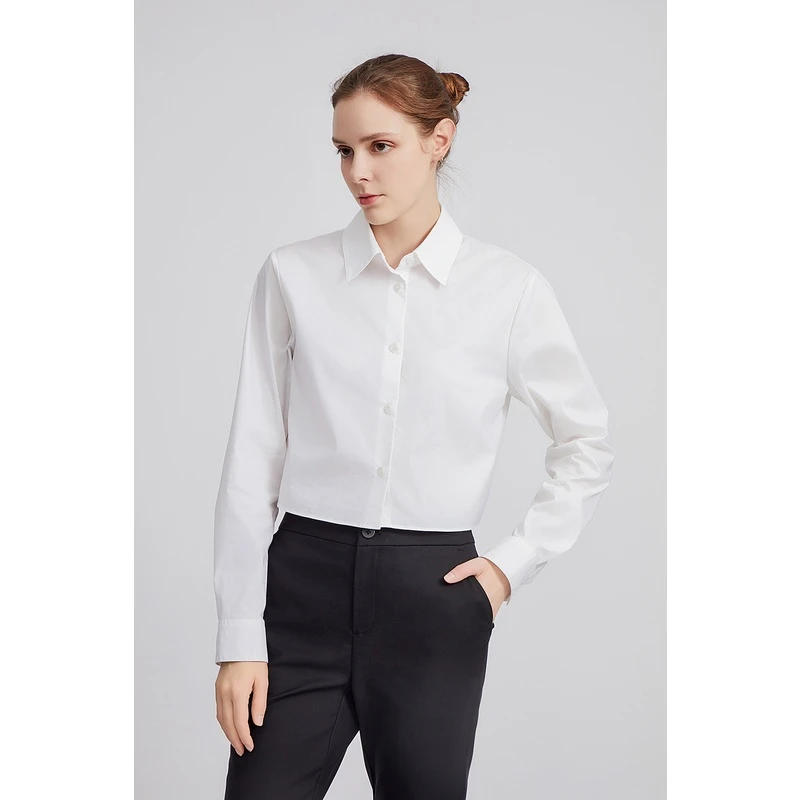 CEXI  才熙春秋新品纯色尖领棉质长袖短款衬衫女弹力面料时尚