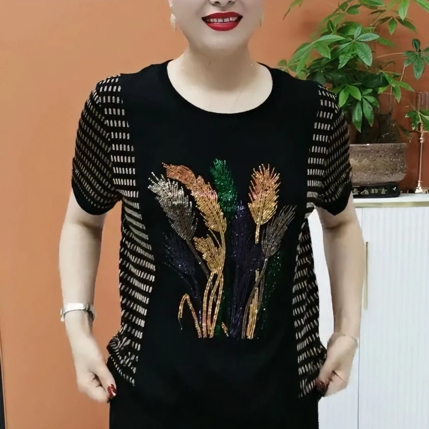 烫钻短袖T恤女夏季时尚洋气大码宽松印花中老年妈妈百搭显瘦上衣