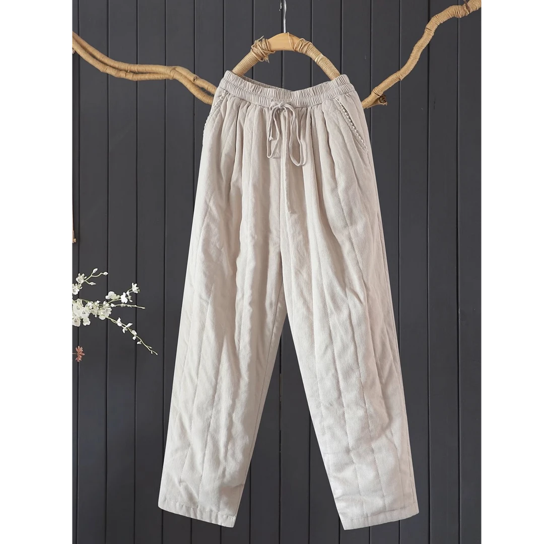 文艺复古纯色外穿保暖棉裤女冬季宽松天丝苎麻长裤夹棉加厚哈伦裤