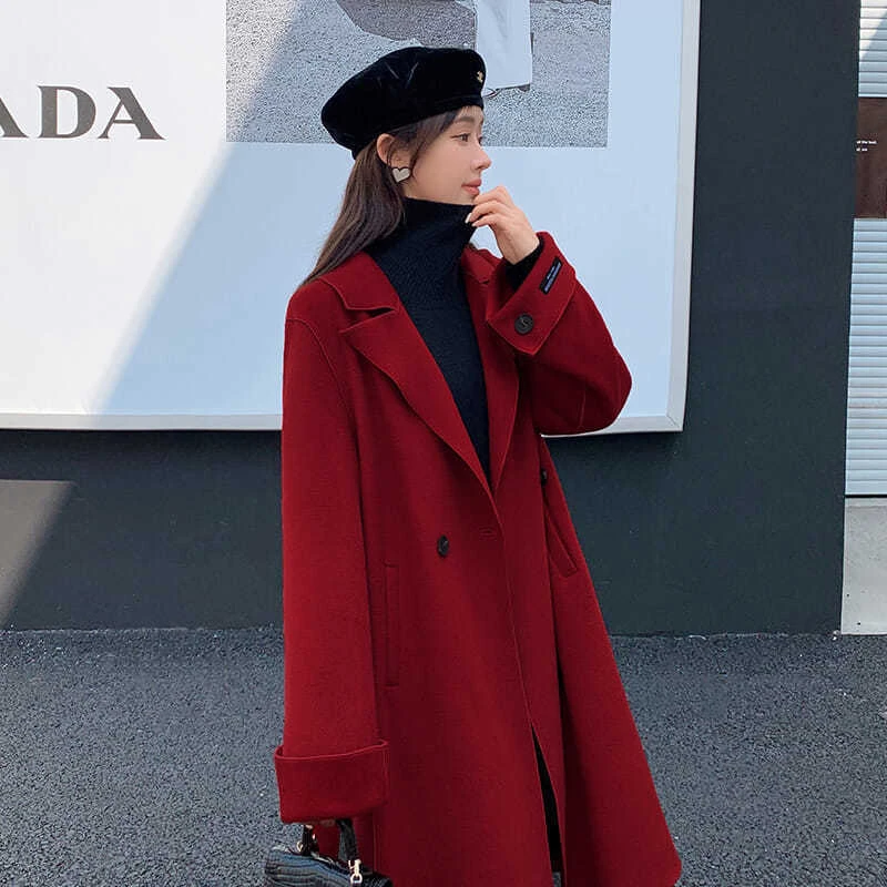 大码女装长款毛呢外套女胖mm红色加厚呢子大衣结婚新年战袍200斤
