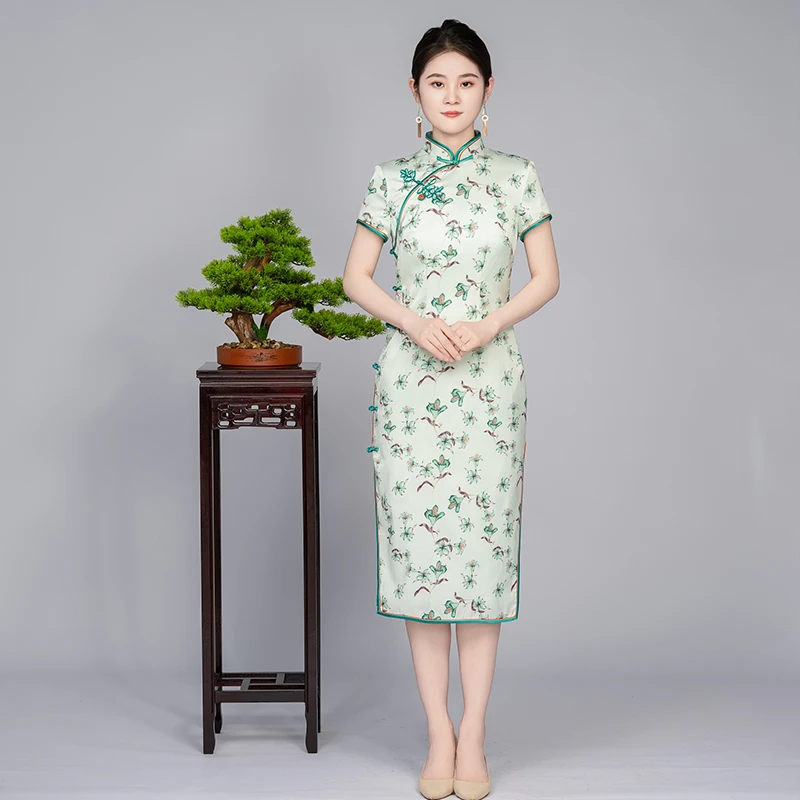 手工旗袍53749 金吴针旗袍裙气质优雅印花修身显瘦日常中长款夏季