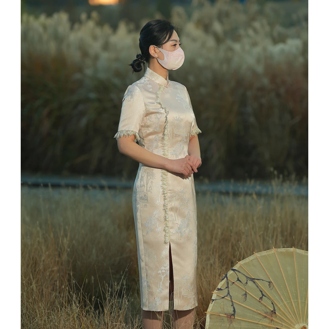 手工旗袍SZ23AW36 【粉妆】金吴针旗袍裙高档提花蕾丝拼接宴会修身