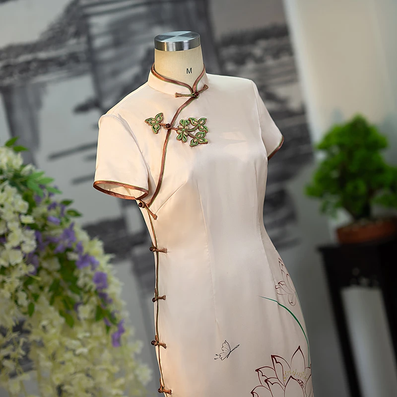 金吴针 55932 中国风旗袍全开襟双层气质优雅显瘦中长款日常短袖