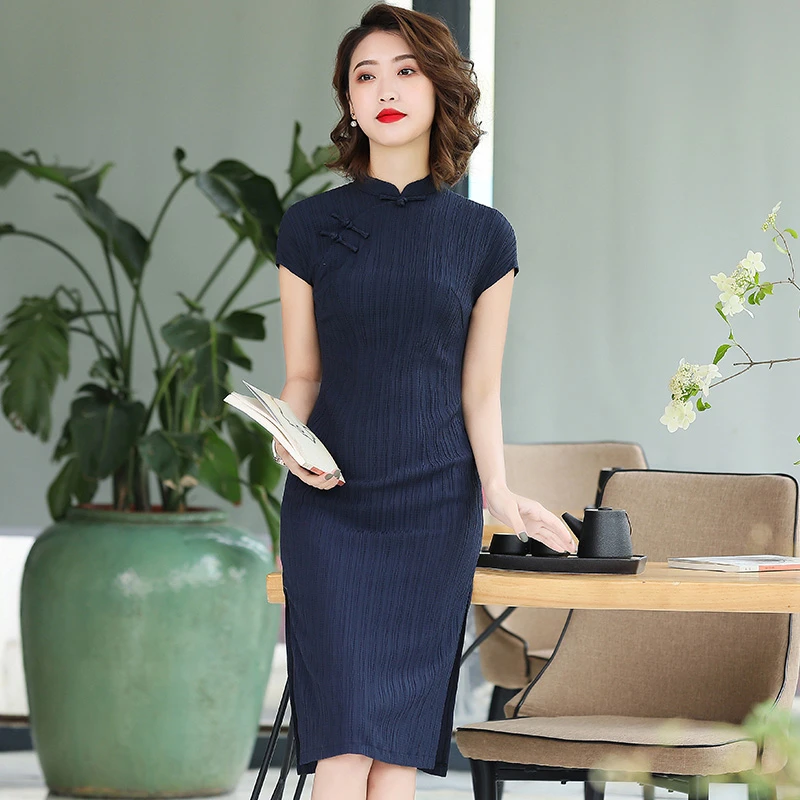 手工旗袍 00814 金吴针中式旗袍夏薄款透气修身长款日常