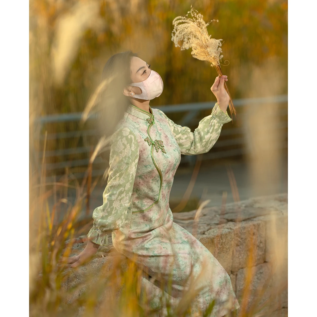 金吴针 55368 【绿肥红瘦】改良旗袍蕾丝拼接提花A字裙气质长袖日常