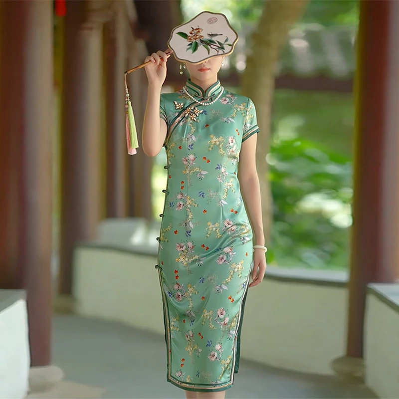 手工旗袍53609【绿茵】金吴针中国风醋酸气质优雅修身显瘦中长款夏