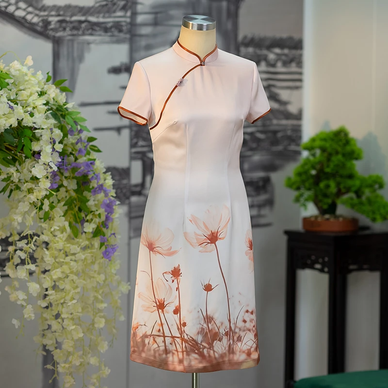 手工旗袍56751 金吴针旗袍改良A版醋酸气质优雅显瘦中长款日常