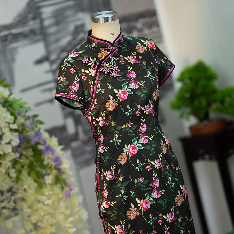 手工旗袍53750 金吴针旗袍全开襟双层气质优雅显瘦中长款日常短袖